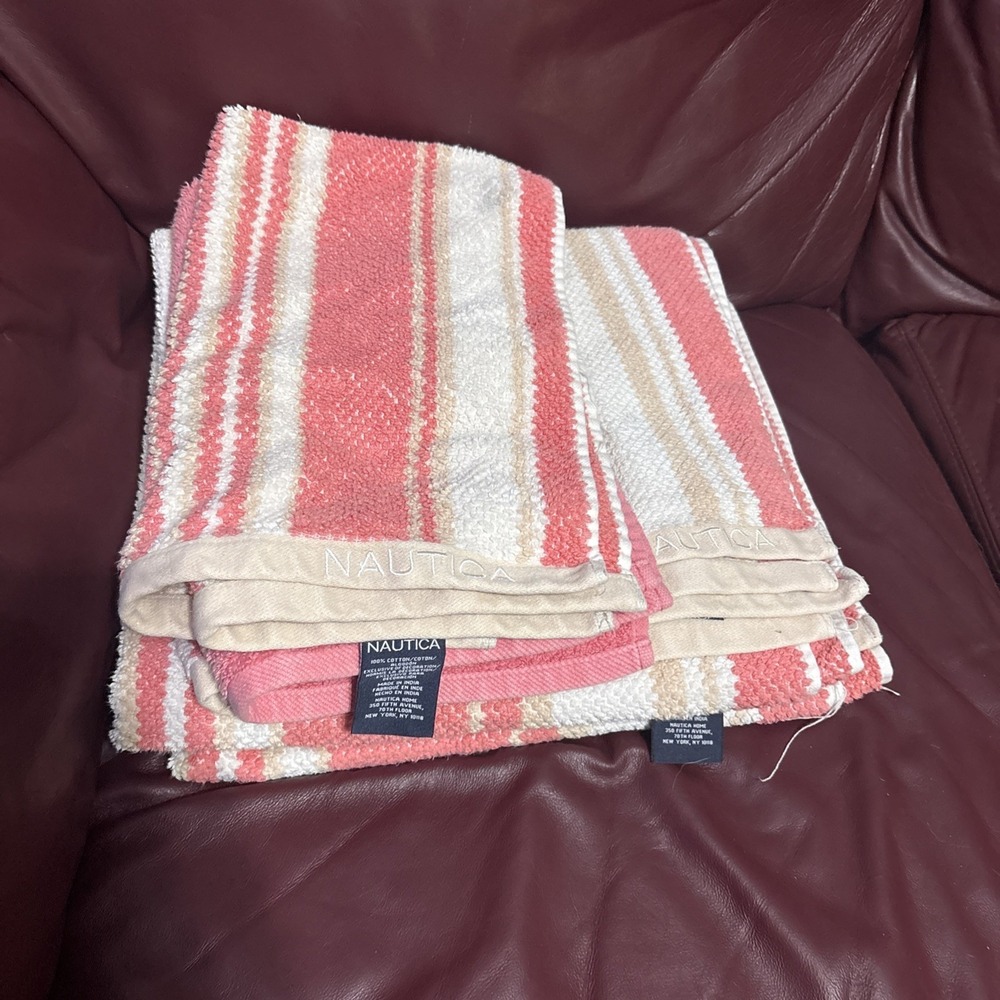 NAUTICA LAKEVIEW CORAL & TAN WHITE STRIPE 4 Piece HAND Cloth & Bath Beach Towel